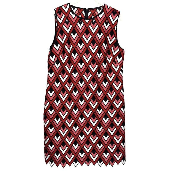 Tahari Dresses & Skirts - Elie Tahari Shift Dress Womens 14 Red Black White Sleeveless Chevron Scallop Hem